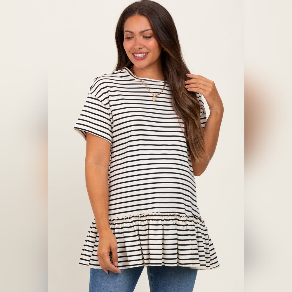Pinkblush Black and White Striped Short Sleeve Ruffle Hem Tee